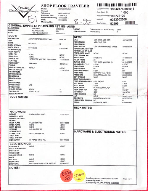 Fender Custom Shop Empire 58 Precision Bass Journeyman Relic - Aged Sonic Blue #88011