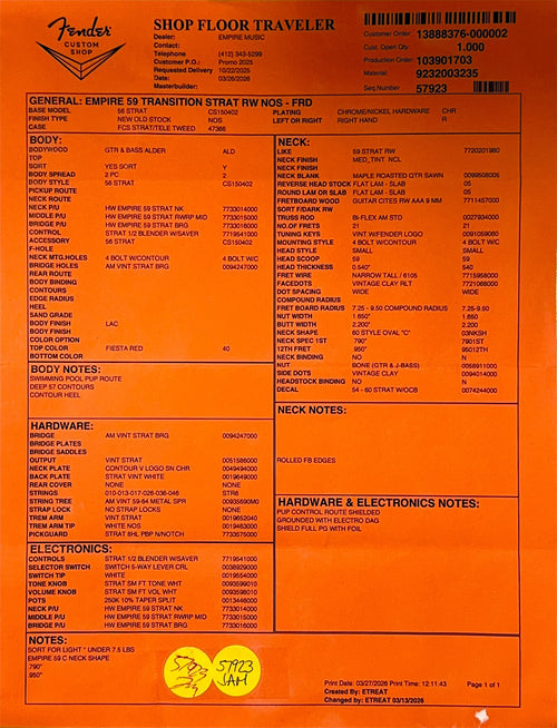 Fender Custom Shop Empire 59 Transition Stratocaster NOS - Fiesta Red #19711