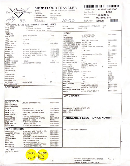 Fender Custom Shop LR25 '62/'63 Stratocaster Super Heavy Relic - Dakota Red #86708