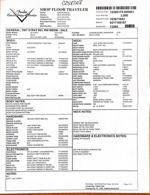 Fender Custom Shop Dale Wilson Masterbuilt Empire 67 Stratocaster Relic - Black #87128