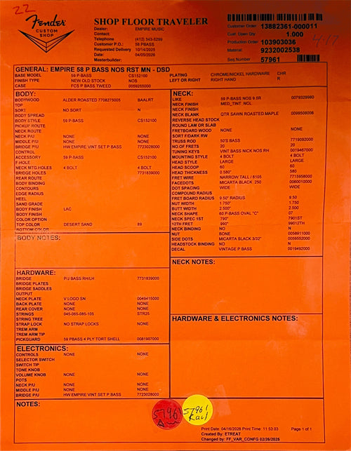 Fender Custom Shop Empire 58 Precision Bass NOS - Desert Sand #90939