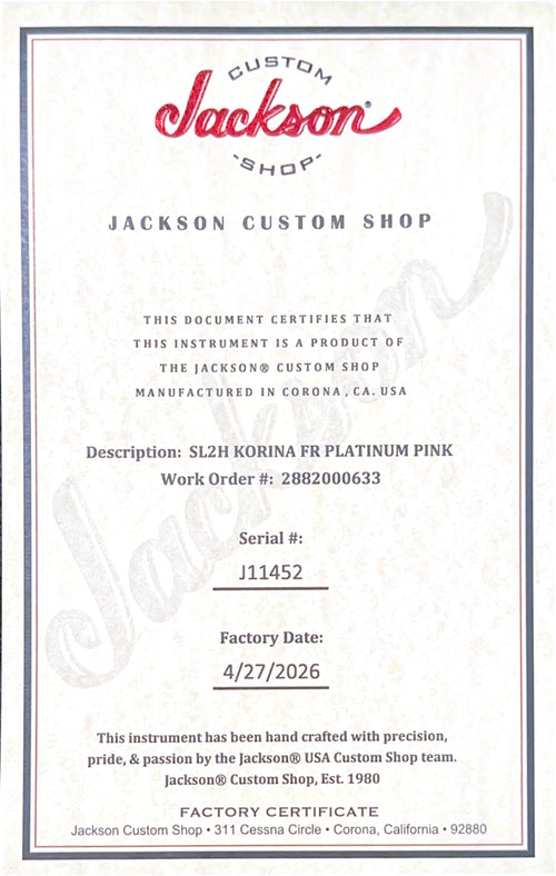 Jackson Custom Shop Korina SL2H FR - Platinum Pink #11452 (Empire Music Spec)