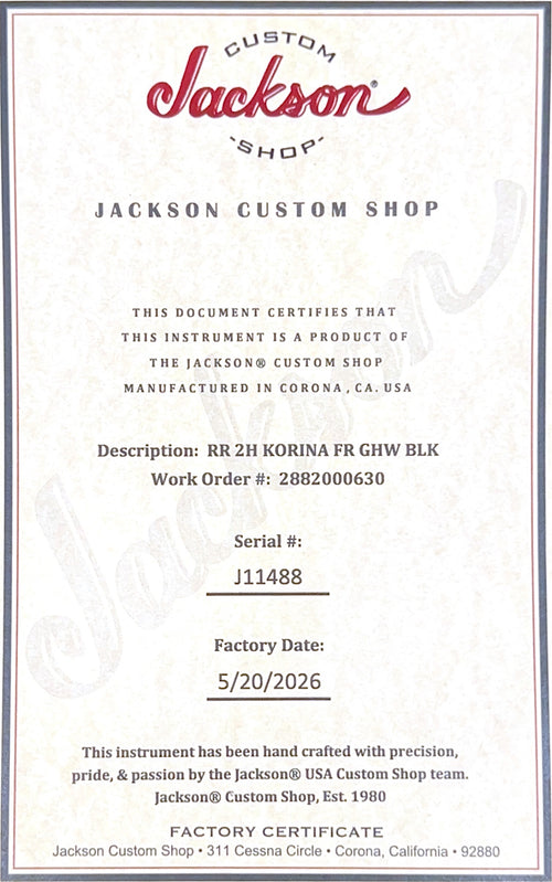 Jackson Custom Shop Korina RR 2H FR - Black #11488 (Empire Music Spec)