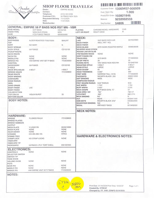 Fender Custom Shop Empire 58 Precision Bass NOS - Violin Burst #90503