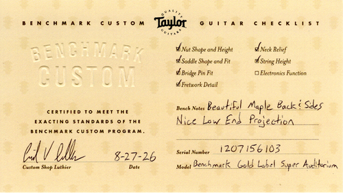 Taylor Benchmark Custom Gold Label Super Auditorium Lutz Spruce and Big Leaf Maple #56103