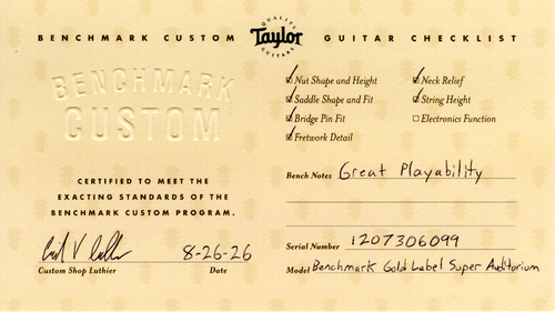 Taylor Benchmark Custom Gold Label Super Auditorium Adirondack Spruce and Hawaiian Koa #06099