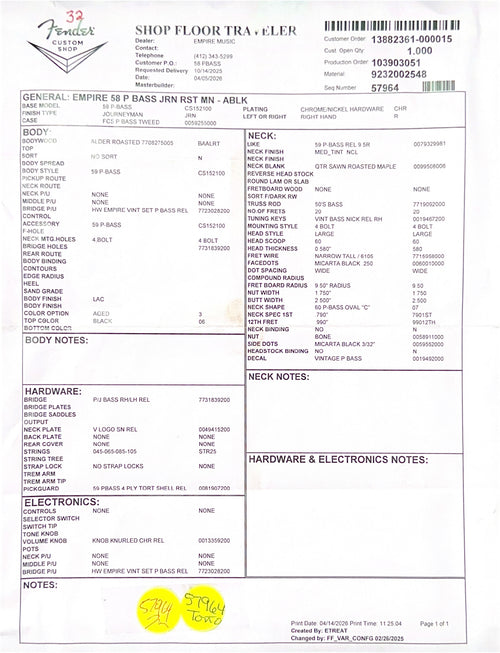 Fender Custom Shop Empire 58 Precision Bass Journeyman Relic - Aged Black #91104