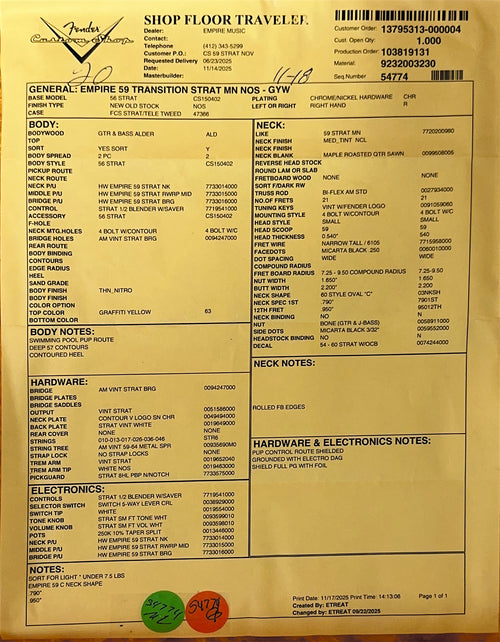 Fender Custom Shop Empire 59 Transition Stratocaster NOS - Graffiti Yellow #19377