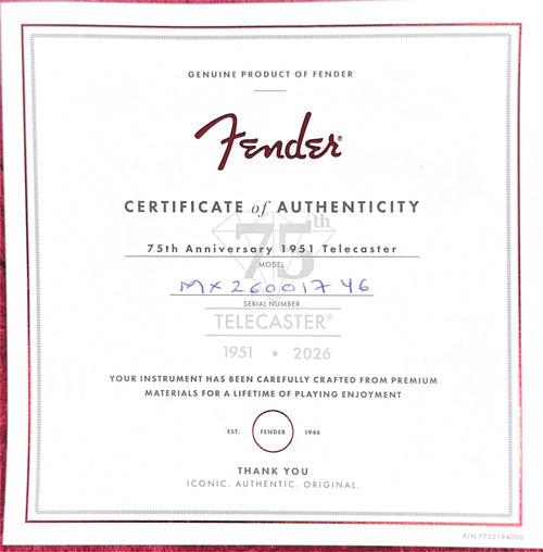 Used Fender 75th Anniversary Vintera Road Worn 1951 Telecaster (2026) - Butterscotch Blonde #01746 with Original Hard Case