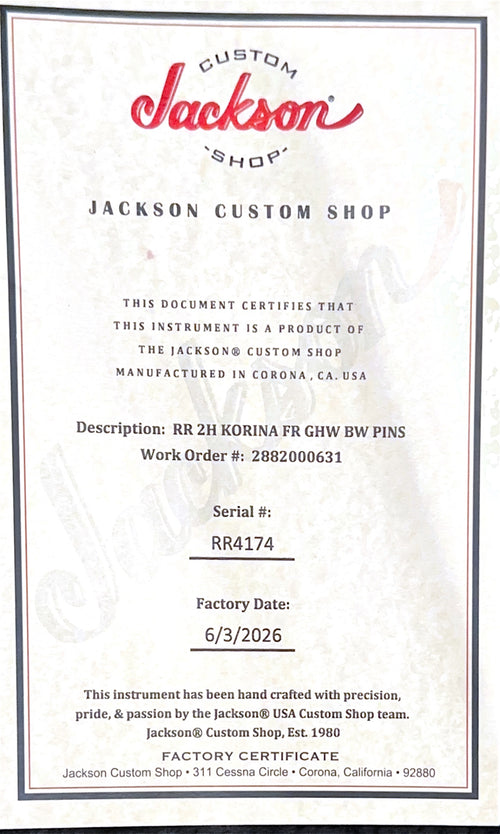 Jackson Custom Shop Korina RR 2H FR - Snow White #4174 (Empire Music Spec)