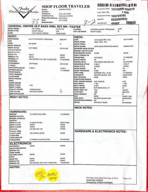 Fender Custom Shop Empire 58 Precision Bass Heavy Relic - Faded Aged Antique Burst #87014