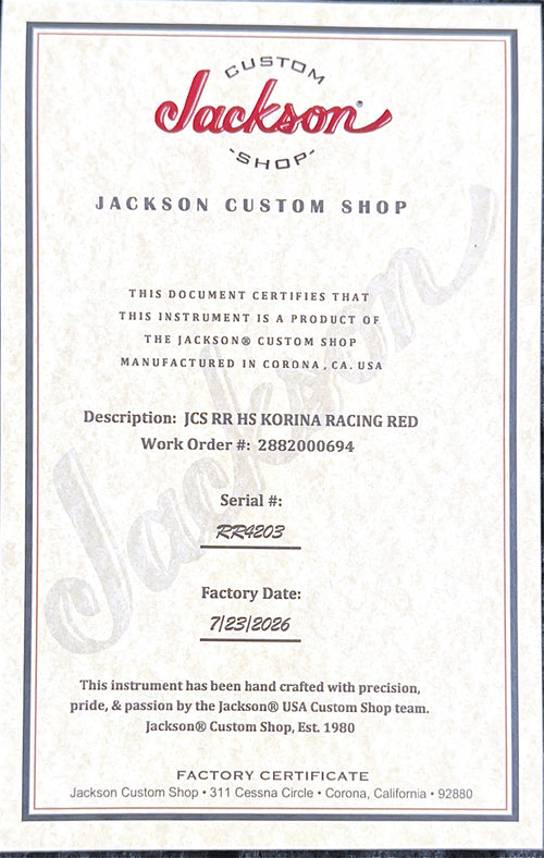 Jackson Custom Shop Korina RR HS FR - Racing Red #4203 (Empire Music Spec)