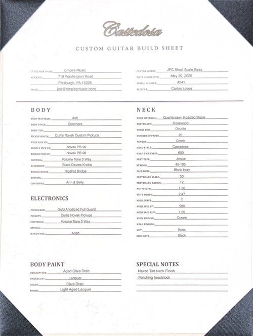 Castedosa Guitars JPC Short Scale Bass - Aged Olive Drab #541 (Empire Exclusive)