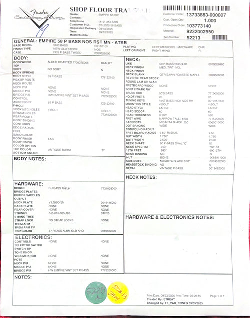 Fender Custom Shop Empire 58 Precision Bass NOS - Antique Burst #88828