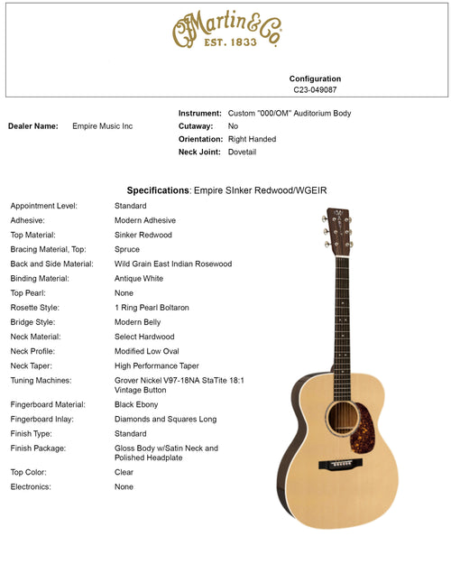 Martin Custom Shop OM-28 Style Sinker Redwood/Wild Grain East Indian Rosewood (Empire Music Exclusive) #32451