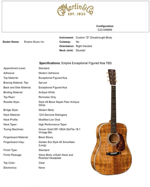 Martin Custom Shop D-41 Style Exceptional Figured Koa Toasted Burst (Empire Music Exclusive) #37051