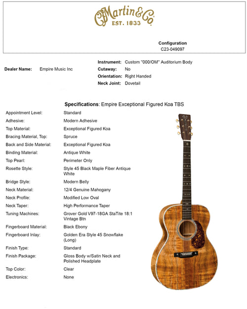 Martin Custom Shop OM-41 Style Exceptional Figured Koa Toasted Burst (Empire Music Exclusive) #32432