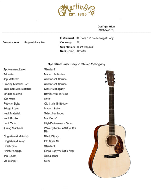 Martin Custom Shop D-18 Style Adirondack Spruce/Sinker Mahogany (Empire Music Exclusive) #32445