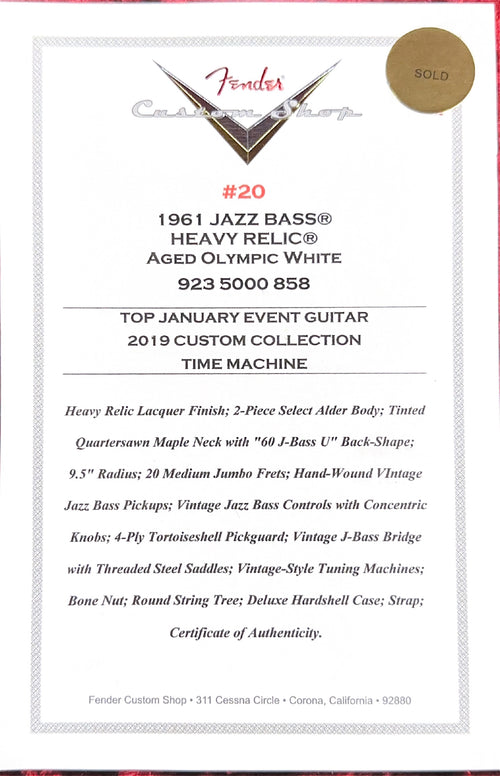 Used Fender Custom Shop '61 Jazz Bass Heavy Relic (2019) - Aged Olympic White #40413 With Original Hard Case